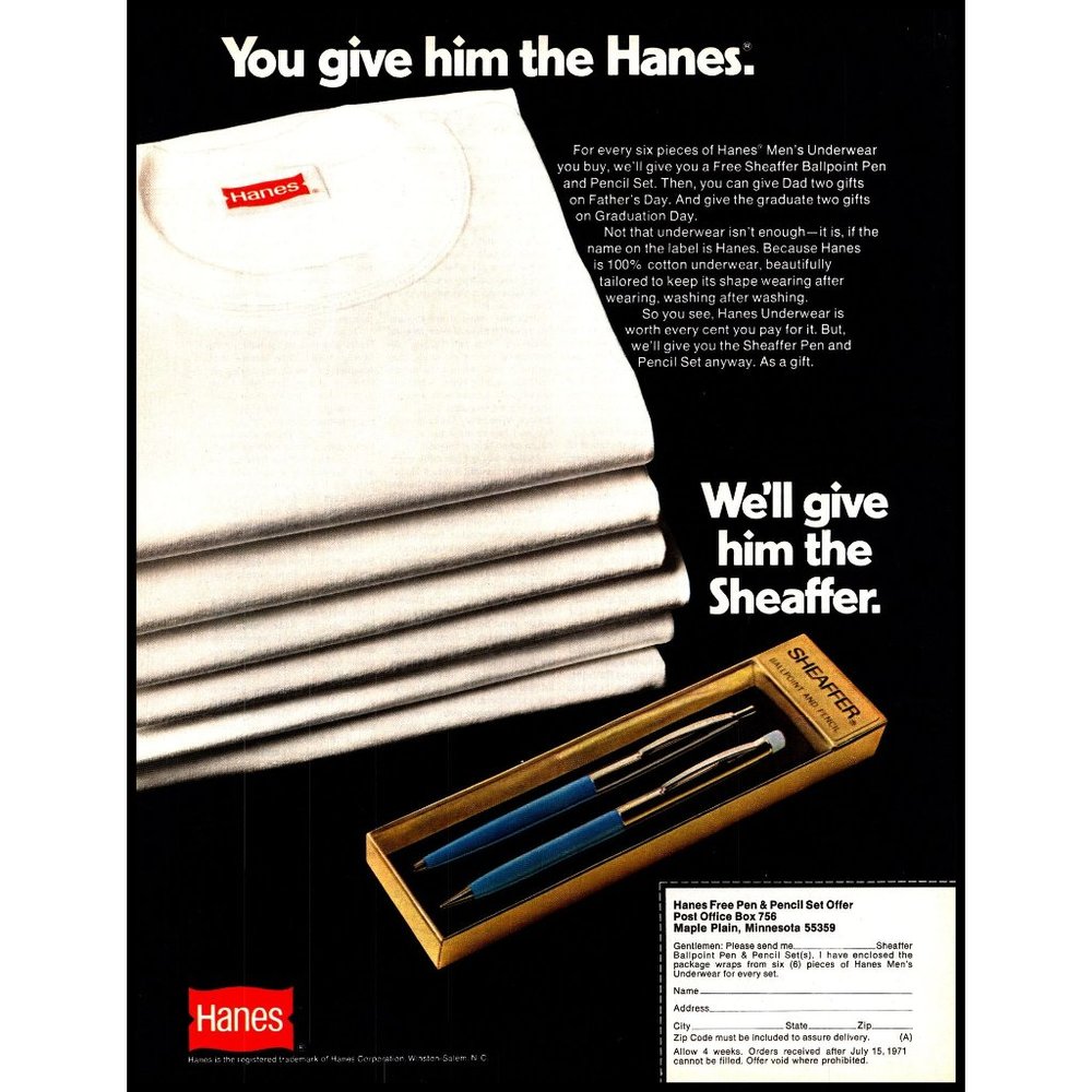1971 Hanes Underwear Shaeffer Pen Pencil Set Vintage Print Ad Tee T Shirt Photo